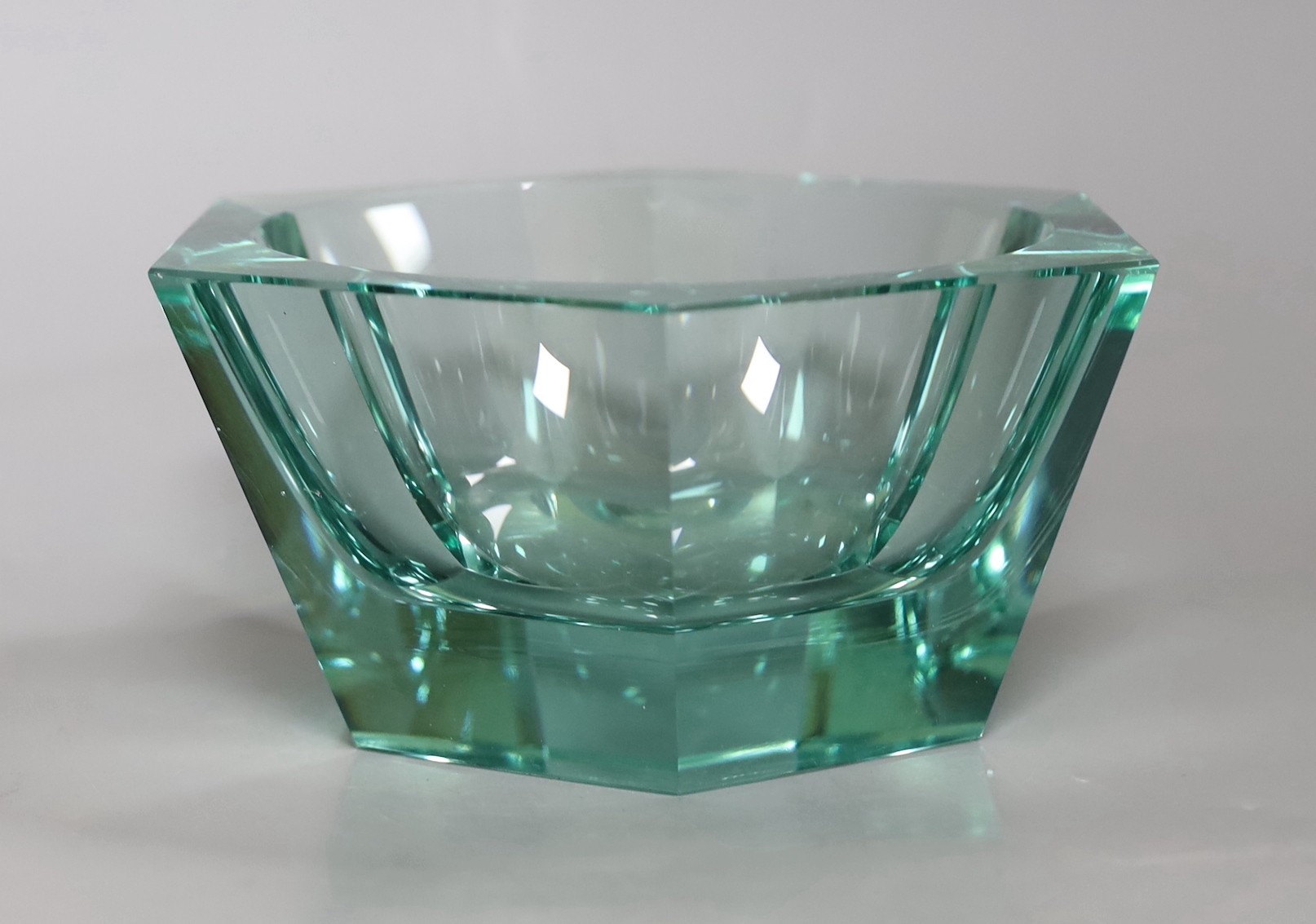 A hexagonal green Moser glass bowl